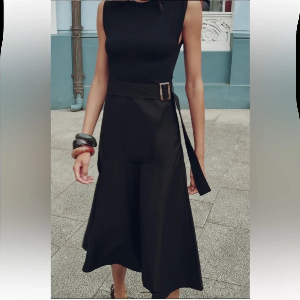 Zara NWT Chic Black Midi Dress with Belt Detail - Picture 2 of 13